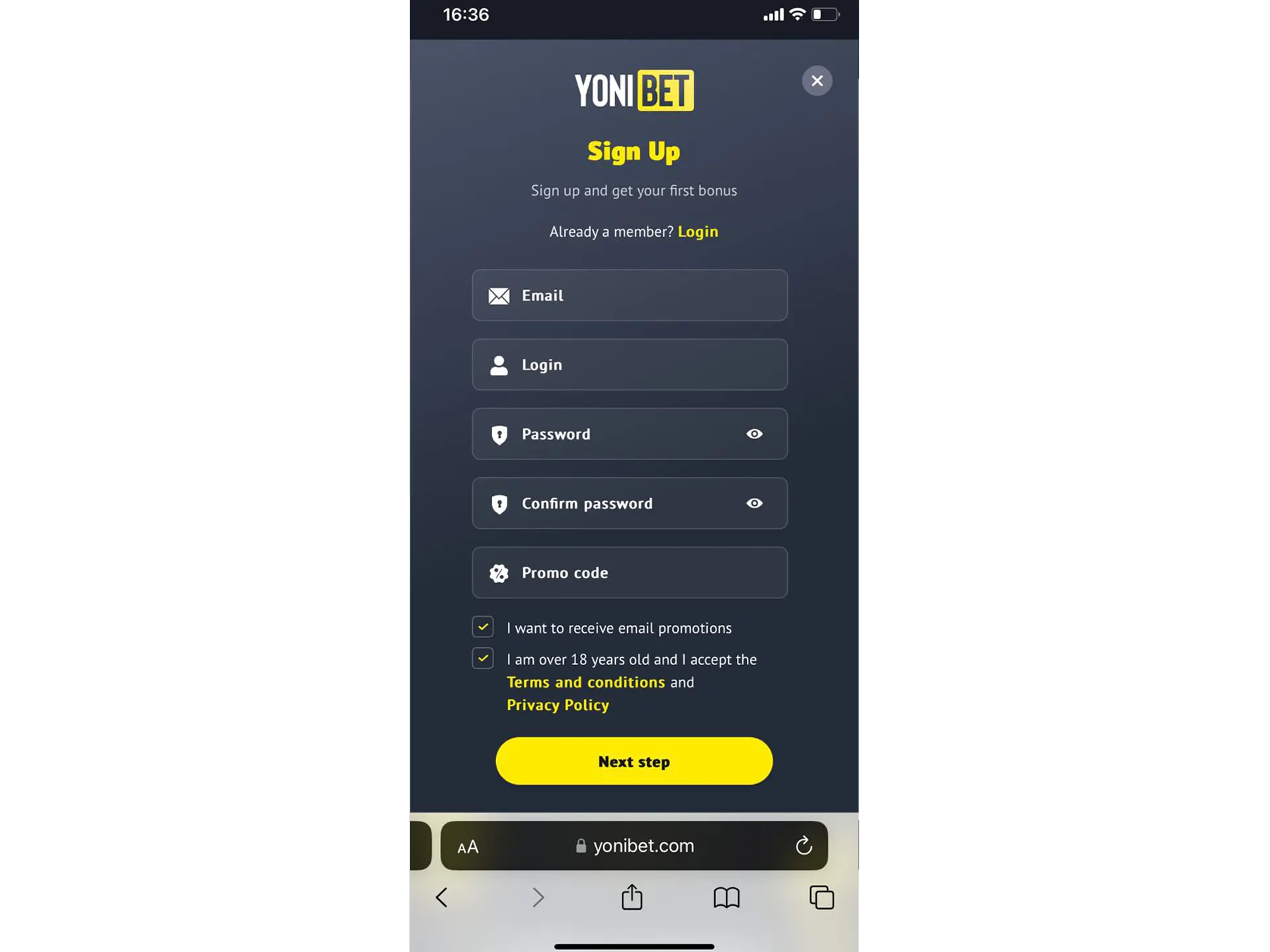 Sign up for Yonibet using your mobile device.