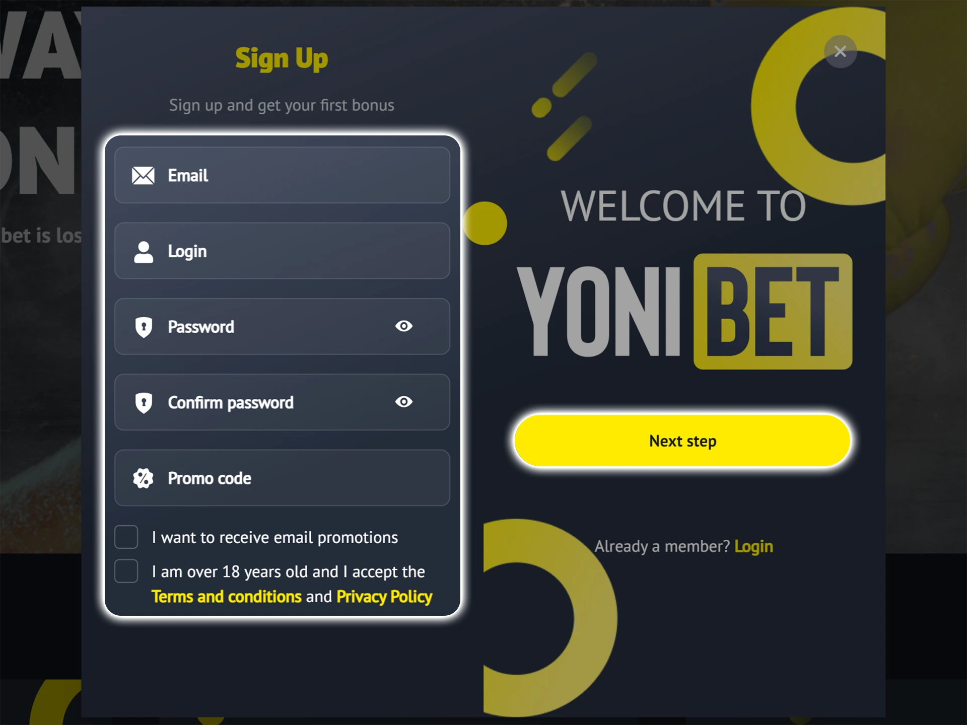 Fill out the Yonibet registration form with your details.